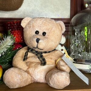 Adorable Tan Scented Vanilla Wax Teddy Bear with Plaid Bow NEW